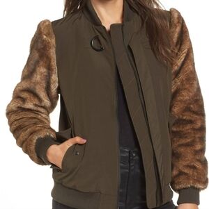 Kendall + Kylie Olive Green Coat With Fur Sleeves, Women's Size M